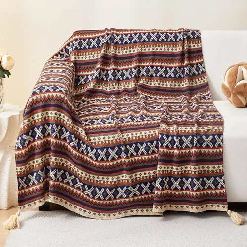 Miniatura 10 de AIVIA Manta bohemia para silla y cama, manta bohemia de punto de poliéster con rayas geométricas para todas las estaciones, manta tejida para sofá