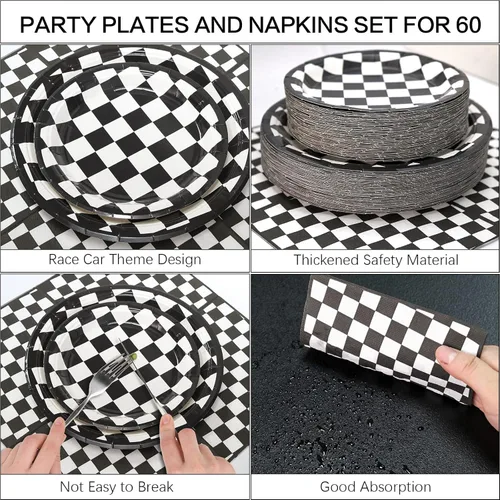 Miniatura 3 de 180 piezas de suministros de fiesta de coches de carreras, platos de papel y servilletas para servir 60 vajillas desechables para decoraciones