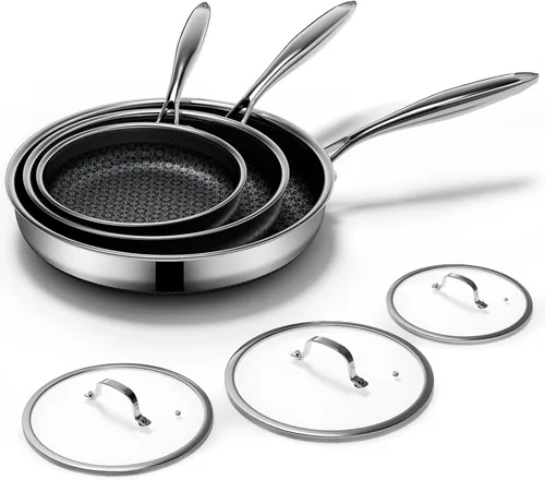 Juego de sartenes antiadherentes con 3 tapas, juego de sartenes híbridas no tóxicas antiadherentes (8+10+12 pulgadas), sartén para cocinar,