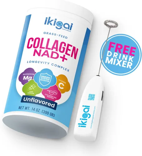 Ikigai - Colágeno con NAD+ (30 porciones), sin OMG, sin gluten, paleo, kosher, sin sabor, incluye mezclador de bebidas gratis