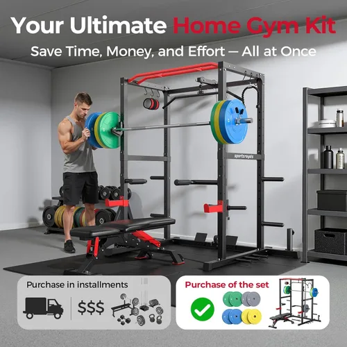 Miniatura 3 de Sportsroyals Jaula de Potencia, Rack de Potencia Multifuncional de 1600 libras con Sistema de Cruce de Cable Ajustable y Más Accesorios de Rojo