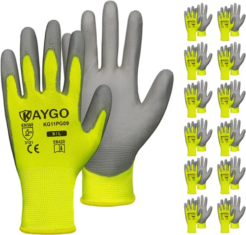 KAYGO KG11PB - Guantes de seguridad con revestimiento delgado de poliuretano, tejido sin costuras, agarre suave en palma y dedos, para trabajo Verde