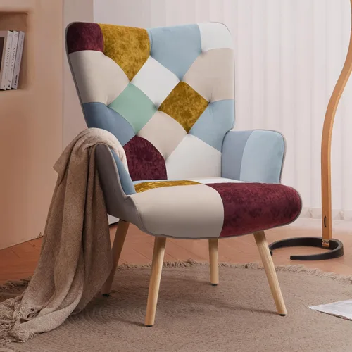 Miniatura 12 de Joysoul Silla decorativa para sala de estar, sillón moderno con respaldo alto, silla de tela de retazos bohemios, silla de lectura tapizada colorida