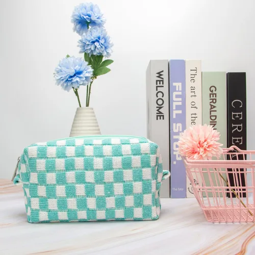Miniatura 5 de PAZIMIIK Bolsa de Maquillaje a Cuadros para Bolso Portátil con Cremallera, Estuche Pequeño de Cosméticos para Accesorios de Viaje, Azul Ártico