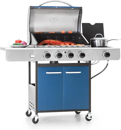 Captiva Designs Parrilla de barbacoa de gas propano de 4 quemadores con quemador lateral y rejillas de hierro fundido esmaltado de porcelana, salida