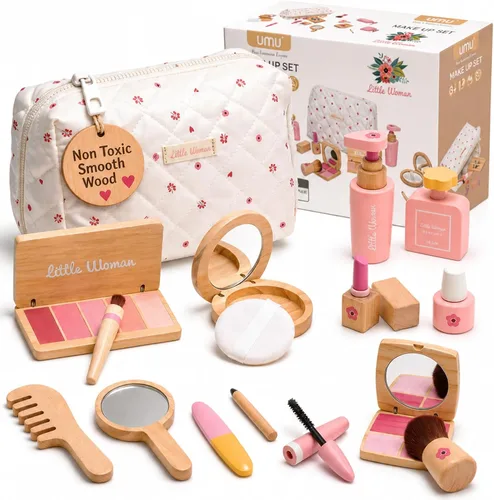 Juego de juguetes de maquillaje de madera para niñas, kit de maquillaje para niños pequeños de 3 a 5 años con sombra de ojos, rímel, perfume, rubor,