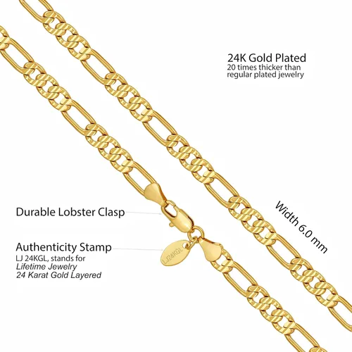Miniatura 12 de LIFETIME JEWELRY Collares de cadena Figaro con corte de diamante suizo de 0.177 in y 0.236 in, chapado en oro real de 24 quilates