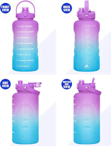 Miniatura 7 de Botella de agua de un galón con popote, 128 onzas (3.8 L), libre de BPA - Innovadora botella deportiva con tapa 2 en 1 con recordatorios Jacaranda