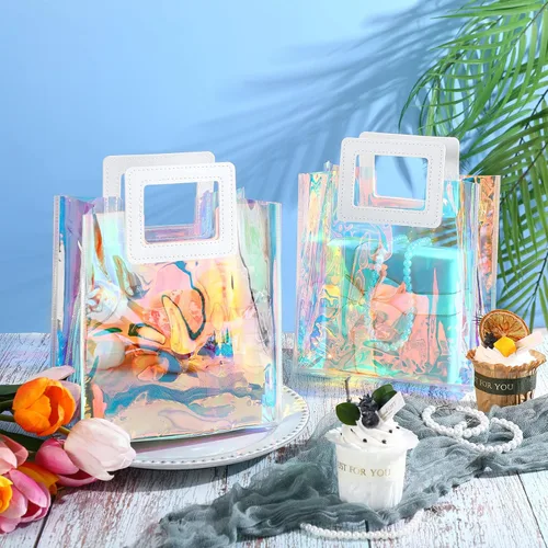Miniatura 5 de CHENGU 10 bolsas iridiscentes, holográficas, transparentes, reutilizables, para cumpleaños, PVC, 7 x 8 x 4 pulgadas, bolsas con asa de compras, a