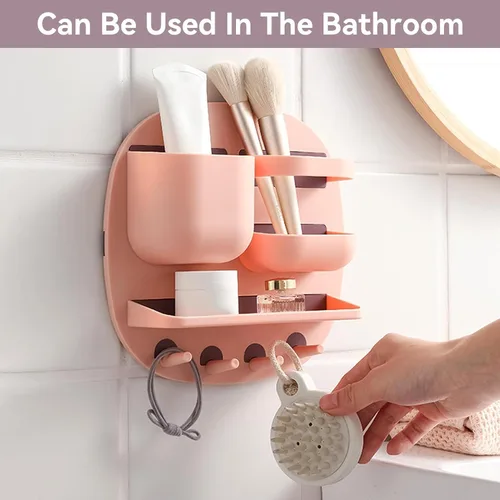 Miniatura 4 de Estante de montaje en pared, organizador de accesorios de mesita de noche con ganchos, almacenamiento adhesivo para teléfono, control remoto, Rosa