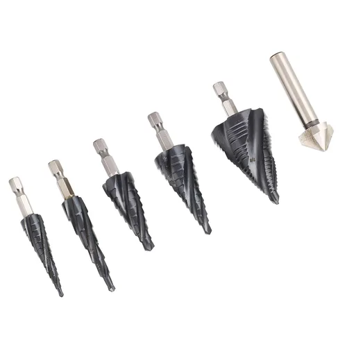 Miniatura 4 de Juego de brocas escalonadas, 4 flautas, vástago de 1/4 pulgadas, M35, cobalto, Pagoda para metal duro de acero inoxidable