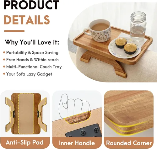 Miniatura 5 de SINWANT Mesa de Brazo para Sofá, Bandeja de Reposabrazos de Madera de Acacia para Sofá, 13.78" Bandejas Plegables de Reposabrazos de Sofá