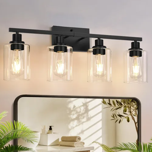Miniatura 28 de MOKATNG Juego de 2 apliques de pared para baño, luces de tocador modernas negras con pantalla de vidrio blanco, lámpara de pared de baño