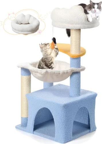 Árbol para gatos con postes rascadores de sisal, torre para gatos con hamaca, lindo condominio para gatos pequeños de interior con cómoda cama y