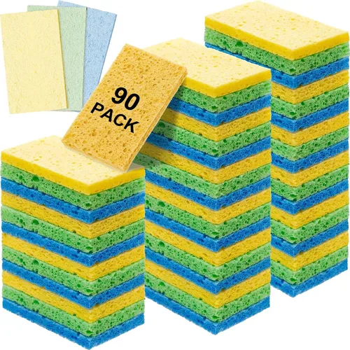 Miniatura 19 de Zhengmy 48 esponjas a granel, esponjas comprimidas de cocina, esponja natural para platos, limpieza de pulpa de madera comprimida sin rayar para Azul