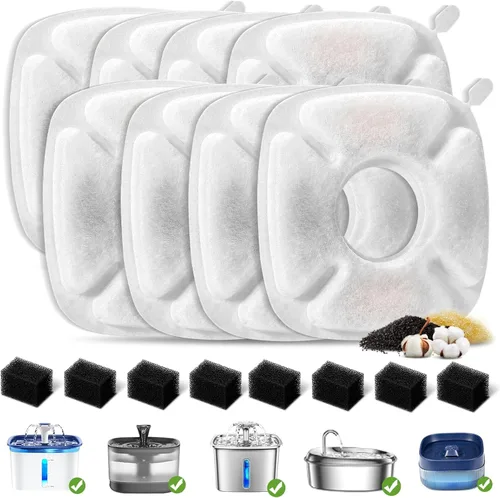 Paquete de 8 filtros de repuesto y 8 esponjas de repuesto para Veken de 95 oz/2.8 L, fuente de agua para gatos, dispensador de agua para perros y
