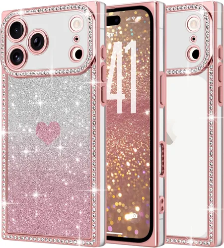 Miniatura 18 de Funda para iPhone 13, funda de diamantes de imitación de lujo con patrón de corazón de amor de cristal [papel con purpurina extraíble], parachoques