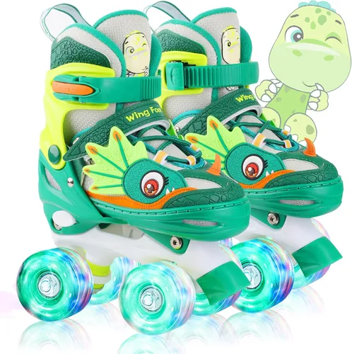 Dino - Patines de ruedas para niños y niñas, WESKIFAN Dinosaur Quad Skating Shoes con ruedas brillantes y tamaños ajustables para principiantes para