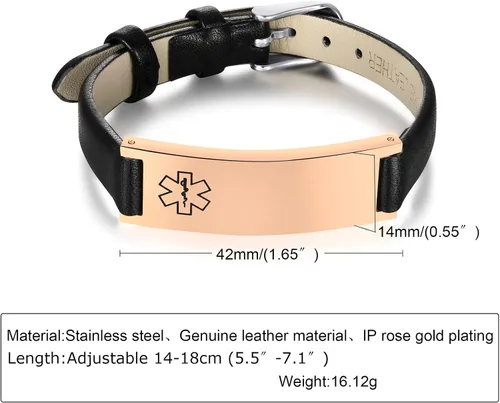 Miniatura 43 de MPRAINBOW Pulsera de alerta médica personalizada para mujer, correa de reloj de cuero genuino, grabado de doble cara, diabetes, epilepsia, joyería