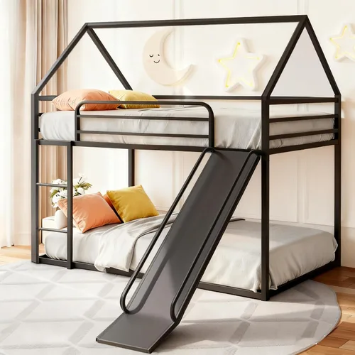 Miniatura 13 de Litera de cama individual sobre individual con tobogán, marco de cama en forma de casa con escalera, estructura de cama baja de servicio pesado