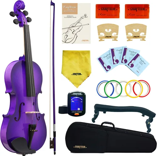 Miniatura 9 de CRAFTEEM 1/2 Conjunto de violín negro premium hecho a mano para principiantes, adultos y niños con cinta adhesiva para dedos de 5 colores - Violín
