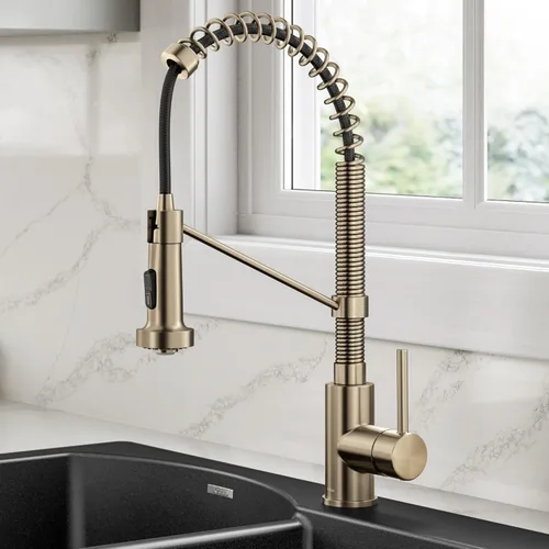 Miniatura 2 de KRAUS Bolden - Grifo de cocina de estilo comercial con mango individual de dos funciones desplegable en bronce champán antiguo libre de manchas