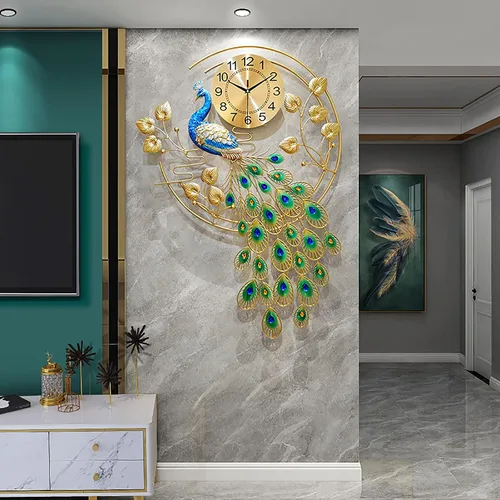 Miniatura 8 de Reloj de pared grande de estilo lujoso, estilo pavo real, de 23.7 pulgadas, sin tictac, silencioso, de cristal acrílico, decoración moderna y Azul