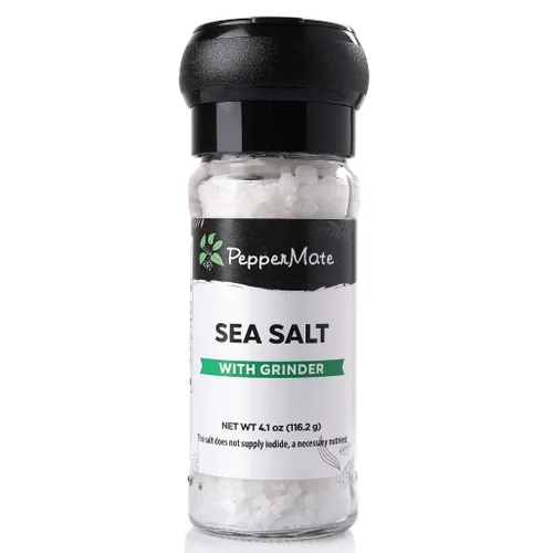 PepperMate Condimento de sal marina con molinillo - Mezcla en recipiente de vidrio para frescura, especias gourmet de sal marina para barbacoa,