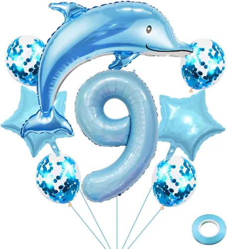 Miniatura 11 de Globos de cumpleaños de 5º delfín, globo gigante de papel de aluminio de delfín número 5, globos de Mylar de animales del océano para suministros