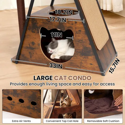 Miniatura 7 de Árbol moderno de madera para gatos grandes de 71 pulgadas, torre alta y resistente para gatos de interior, muebles para gatos de varios niveles