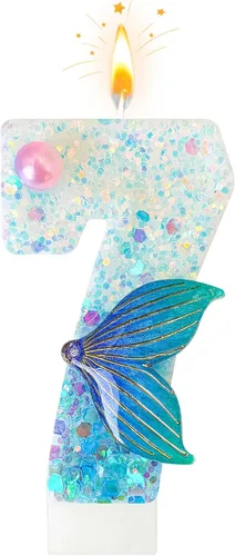 Miniatura 13 de Vela de sirena número 3, decoración de pastel de cola de sirena azul para decoración de fiesta de cumpleaños y aniversario de niñas (número 3)