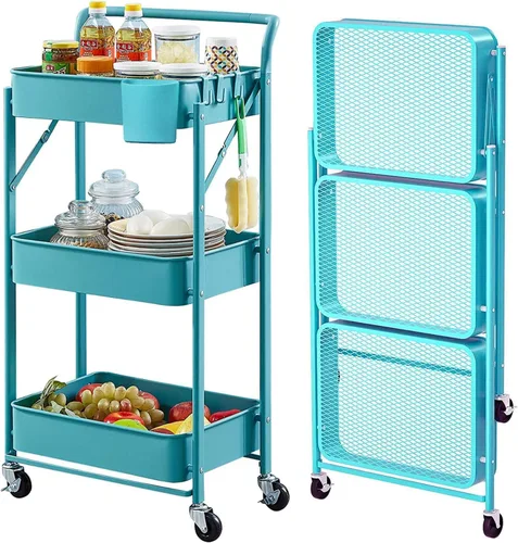Miniatura 9 de BEEY Carrito de almacenamiento plegable de metal con ruedas, sin montaje, cesta de mercado de alambre de metal, organizador de almacenamiento Negro