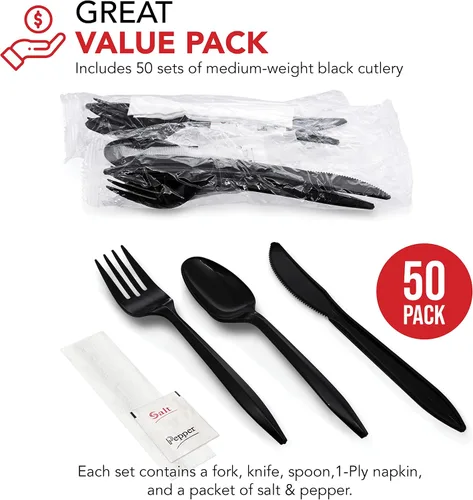 Miniatura 3 de Party Essentials Paquetes de cubiertos de plástico envueltos individualmente, tenedor/cuchara/cuchillo/servilleta/sal/pimienta, 50