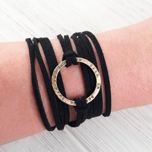 Miniatura 4 de Pulsera reversible con diseño de círculo infinito de bronce peruano, cordón ajustable de piel de ante sintético negro, pulsera de apoyo de la amistad