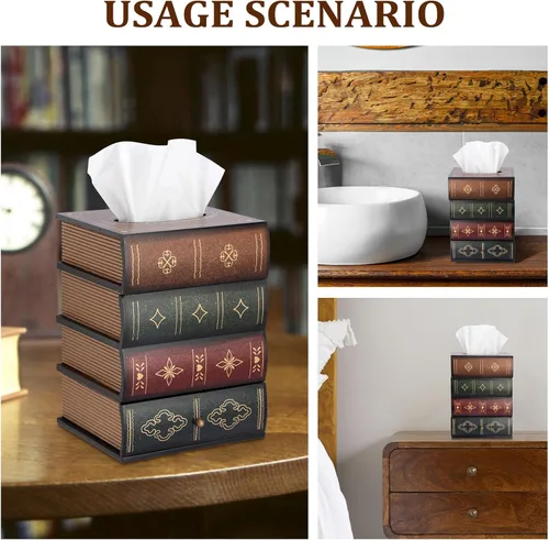Miniatura 7 de Funda de madera antigua para caja de pañuelos con cajón de almacenamiento, soporte cuadrado para pañuelos decorativos, estuche dispensador de Parte