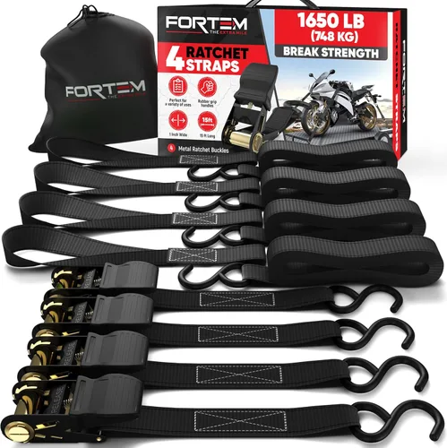 FORTEM Correas de trinquete, juego de correas de amarre de 1650 libras de resistencia a la rotura, paquete de 4 de 15 pies x 1 pulgada, 4 bucles