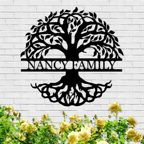 Miniatura 13 de Arte de pared personalizado del Árbol de la vida, decoración personalizada con apellido, letrero de metal para balcón exterior, arte de pared