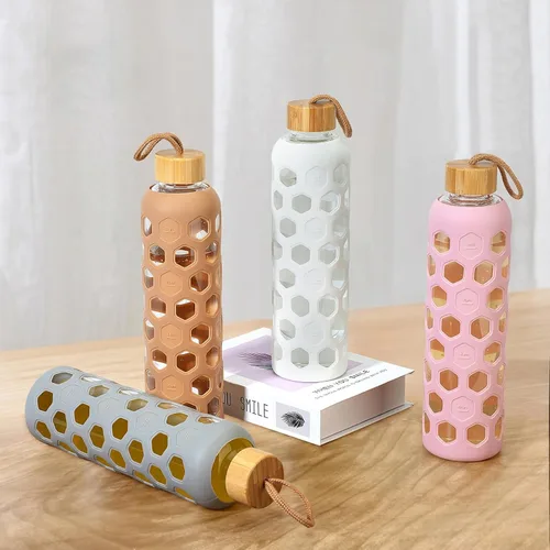 Miniatura 5 de Botella de agua de vidrio de 32 onzas con tapa de bambú, botellas reutilizables transparentes con funda de silicona y marcador de tiempo, vaso