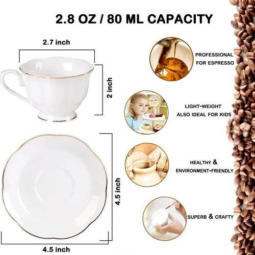 Miniatura 2 de Guangyang Juego de 12 tazas y platillos de porcelana fina de 2.5 onzas, juego de 6 tazas de café turco para doble color blanco espresso con ribete