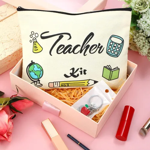 Miniatura 2 de Sureio Juego de 12 piezas de regalo de agradecimiento para profesores, 6 bolsas de cosméticos de maquillaje y 6 llaveros para profesores, regalos