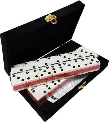 Marion Dominó doble 6 rojo y blanco de dos tonos, tamaño de torneo jumbo profesional con giradores, en elegante caja de terciopelo negro. Dos tonos