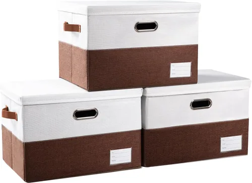 Miniatura 55 de PRANDOM Contenedor de almacenamiento plegable con tapa [1 unidad] Caja de almacenamiento decorativa de tela de lino, cesta organizadora con asas