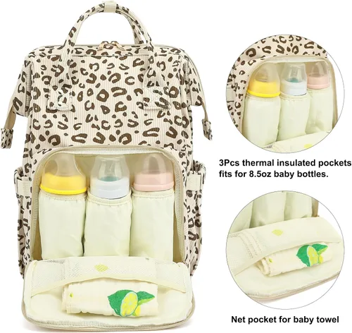 Miniatura 3 de Pañalera de pana para bebés, niñas y niños, bolsas grandes para pañales para mamá (leopardo de pana beige)