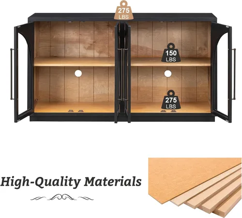 Miniatura 5 de SOFTSEA Tablero de tamaño de 60 pulgadas con puertas de vidrio arqueadas, aparador moderno de mediados de siglo con estantes ajustables para sala