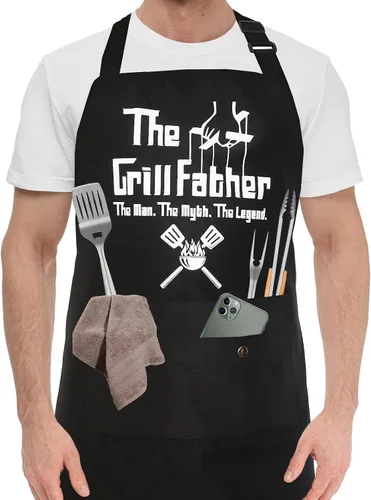 Miniatura 9 de Ougher Delantales divertidos para hombres, delantal de barbacoa para papá con 2 bolsillos, correa ajustable para el cuello, delantales de cocina