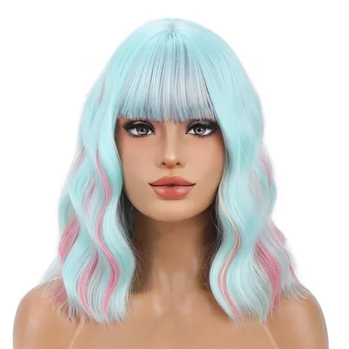 Miniatura 44 de BERON 14 Inches Ash Blonde Wig with Bangs Short Curly Wig Short Ash Blonde Bob Synthetic Wigs for Women Daily Halloween Party or Cosplay Hairnet