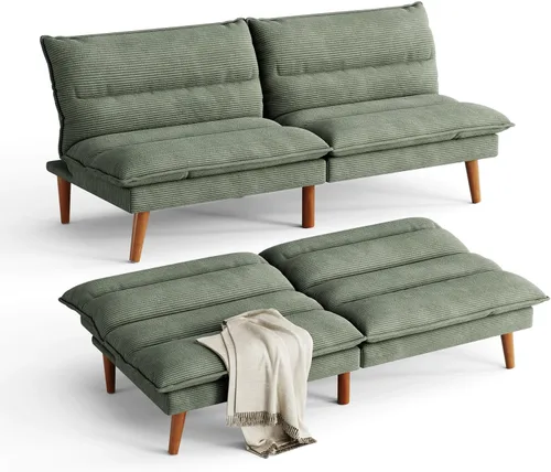 Miniatura 10 de LINSY Sofá cama futón de pana de 71 pulgadas con respaldo ajustable, futones plegables convertibles para espacios pequeños, salas de estar, Beige