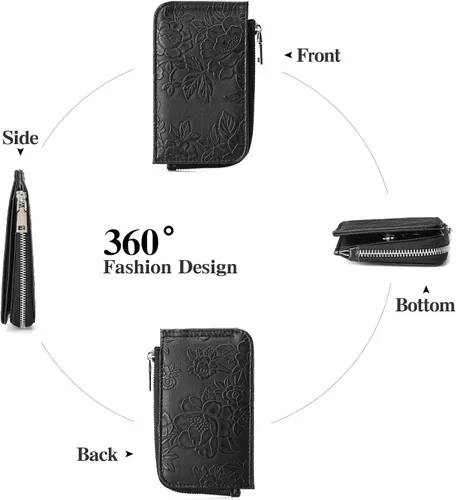 Miniatura 3 de GAEKEAO Cartera pequeña porta tarjetas de crédito para mujeres RFID de cuero delgada tipo pulsera con llavero y bolsillo con cremallera, Negro