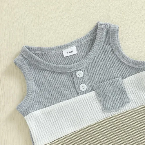 Miniatura 5 de Ropa de bebé niño sin mangas + pantalones cortos con estampado a rayas con bolsillos, 2 piezas de trajes de verano