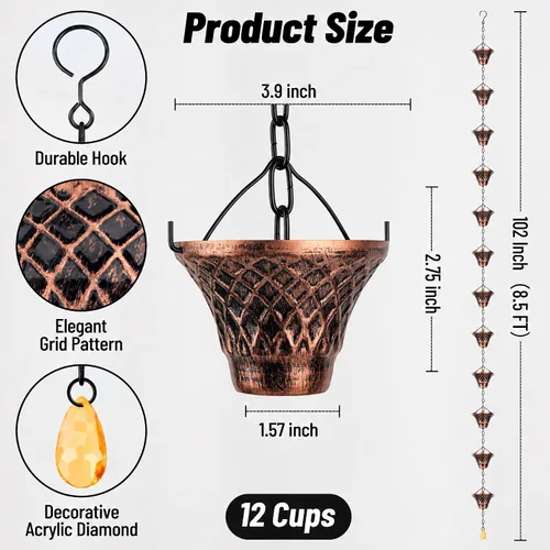 Miniatura 3 de Cadenas de Lluvia Adorafur para Canalones Exteriores de 1.75m Cadena de Atrapache de Lluvia de Cobre con 12 Tazas Decorativas de Reemplazo